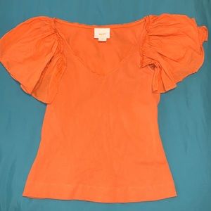 Orange Anthropologie Maeve Ribbed Top with Ruffle Sleeves Size Small